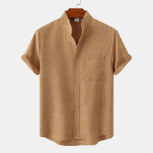 (Brown, 3XL) Camicia estiva da uomo a maniche corte in cotone e lino, tinta unita, casual.