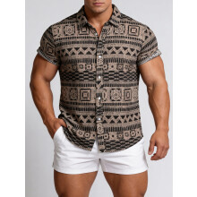 (Khaki, L) Chemise à manches courtes à imprimé floral ethnique grande taille pour homme, style décontracté d'été et de plage