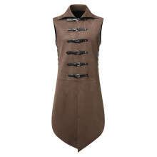 (Dark Brown, XXL) Medieval Renaissance Unisex Stand Collar Sleeveless Leather Buckle Top CD2952