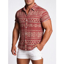 (Red, L) Chemise à manches courtes à imprimé floral ethnique grande taille pour homme, style décontracté d'été et de plage