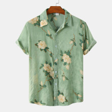 (C89-Green, L) Men's Floral Short-Sleeve Shirt for Young Men, Spring and Summer Short-Sleeve Shirt