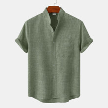 (Light Green, L) Camicia estiva da uomo a maniche corte in cotone e lino, tinta unita, casual.