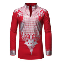 (Red, S) Men's Autumn Stand Collar Pullover Shirt Men's Tu Ethnic Chief Printed Robe ZT-FZ38