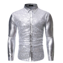 (Silver, L) Men's Multi-Color Sequin Hot Stamping Spliced Dance Shirt ZT-CS86