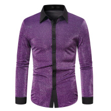 (Purple, S) Spring Minimalist Gold Foil Men's Color Block Long Sleeve Shirt YC05