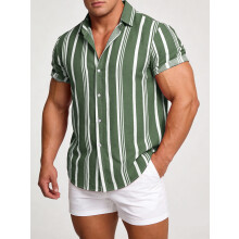 (Army Green, L) Camicia da uomo casual a righe a maniche corte per primavera ed estate