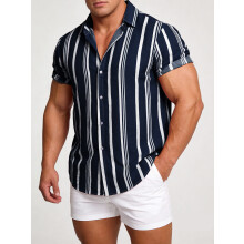 (Dark blue, 3XL) Camicia da uomo casual a righe a maniche corte per primavera ed estate