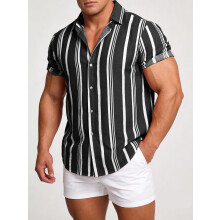 (Black, XL) Men's Casual Striped Short Sleeve Shirt for Spring & Summer