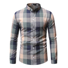 (Green, M) Men's Fall Winter Long Sleeve Plaid Stand Collar Base Shirt