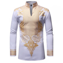 (White, XXL) Men's Autumn Stand Collar Pullover Shirt Men's Tu Ethnic Chief Printed Robe ZT-FZ38