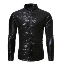 (Black, XL) Men's Multi-Color Sequin Hot Stamping Spliced Dance Shirt ZT-CS86
