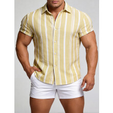 (Dark Khaki, 2XL) Lässiges, gestreiftes Kurzarmhemd für Herren für Frühling und Sommer
