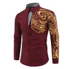(Wine Red, 3XL) Men's Gold Foil Print Slim Fit Long Sleeve Shirt - New 4XL Size