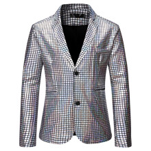 (Silver, XL) Men's Plaid Gold Foil Trendy Studio Party Suit ZT-X48