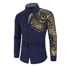 (Dark blue, XL) Men's Gold Foil Print Slim Fit Long Sleeve Shirt - New 4XL Size