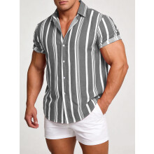 (Gray, XL) Men's Casual Striped Short Sleeve Shirt for Spring & Summer