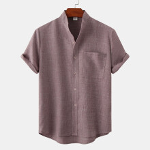 (Red, 2XL) Camicia estiva da uomo a maniche corte in cotone e lino, tinta unita, casual.