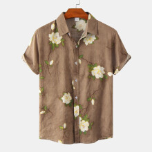 (C89-Khaki, L) Chemise à manches courtes fleurie pour jeunes hommes, idéale pour le printemps et l'été.
