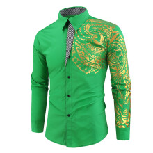 (Green, 3XL) Men's Gold Foil Print Slim Fit Long Sleeve Shirt - New 4XL Size