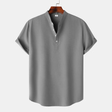 (Dark Gray, S) Camicia da uomo estiva in lino a maniche corte con colletto alla coreana, tinta unita, casual e ampia.