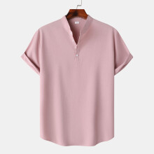 (Pink, XXL) Camicia da uomo estiva in lino a maniche corte con colletto alla coreana, tinta unita, casual e ampia.