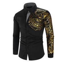 (Black, L) Men's Gold Foil Print Slim Fit Long Sleeve Shirt - New 4XL Size