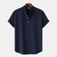 (Dark blue, M) Sommerlicher Herren-Leinenpullover mit kurzen Ärmeln und Stehkragen, einfarbig, lässig und locker geschnitten