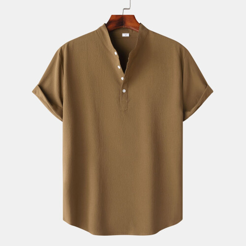 (Camel, M) Summer Men's Linen Short Sleeve Stand Collar Pullover Solid Casual Loose Shirt