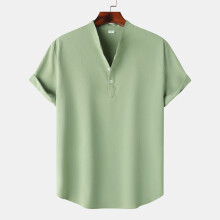 (Light Green, M) Camicia da uomo estiva in lino a maniche corte con colletto alla coreana, tinta unita, casual e ampia.