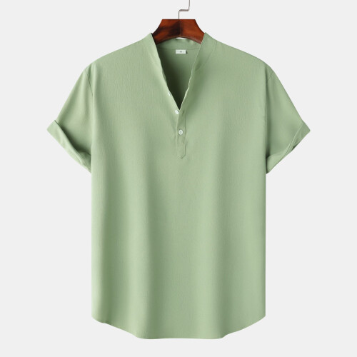 (Light Green, M) Summer Men's Linen Short Sleeve Stand Collar Pullover Solid Casual Loose Shirt