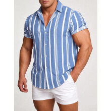 (Sky Blue, L) Men's Casual Striped Short Sleeve Shirt for Spring & Summer