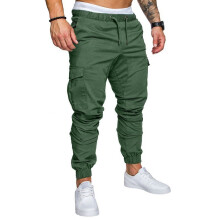 (Green, L) Herre joggebukser med flere lommer, hverdagslige lange bukser i vevd stoff