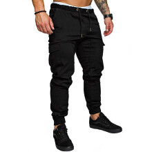 (Black, 3XL) Herre joggebukser med flere lommer, hverdagslige lange bukser i vevd stoff