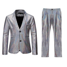 (Silver, XXL) Completo da uomo a due pezzi con abito e pantaloni lucidi color oro e motivo a quadri arcobaleno, ideale per il palcoscenico.