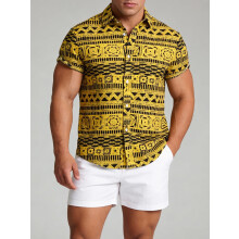 (Yellow, M) Men's Plus Size Ethnic Floral Short Sleeve Shirt Summer Casual Beach Top