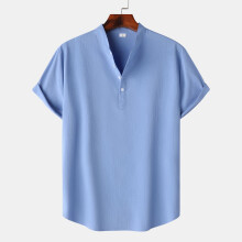 (Light Blue, S) Sommerlicher Herren-Leinenpullover mit kurzen Ärmeln und Stehkragen, einfarbig, lässig und locker geschnitten