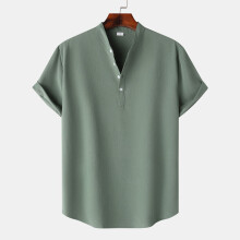 (Bean Green, XXL) Summer Men's Linen Short Sleeve Stand Collar Pullover Solid Casual Loose Shirt