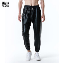 (Black, L) Herre retro 70-talls discobukser med diamantfolietrykk og casualbukser
