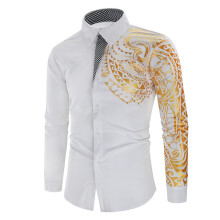 (White, 4XL) Men's Gold Foil Print Slim Fit Long Sleeve Shirt - New 4XL Size