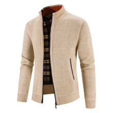 (Beige, L) Herren-Winter-Cardigan mit Reißverschluss, Fleecekragenjacke, locker gestrickter Pullovermantel