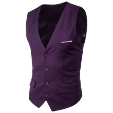 (Purple, 5XL) Men's Slim Fit Korean Style Vest Large Size Sleeveless V-Neck Single-Breasted Faux Pocket Waistcoat