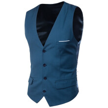(Sea Blue, 4XL) Men's Slim Fit Korean Style Vest Large Size Sleeveless V-Neck Single-Breasted Faux Pocket Waistcoat