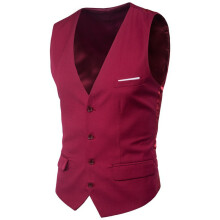 (Wine Red, XL) Men's Slim Fit Korean Style Vest Large Size Sleeveless V-Neck Single-Breasted Faux Pocket Waistcoat