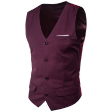 (Dark Red, S) Men's Slim Fit Korean Style Vest Large Size Sleeveless V-Neck Single-Breasted Faux Pocket Waistcoat