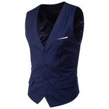 (Dark blue, M) Men's Slim Fit Korean Style Vest Large Size Sleeveless V-Neck Single-Breasted Faux Pocket Waistcoat
