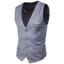 (Light Gray, 2XL) Gilet homme coupe slim style coréen, grande taille, sans manches, col en V, simple boutonnage, fausse poche