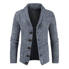 (Dark blue, M) Men's V-Neck Crochet Knit Cardigan Loose Thickened Sweater Coat