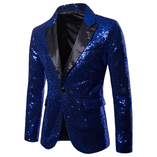 (Blue, L) Gold Sequin Blazer Korean Men's Suit Jacket Set