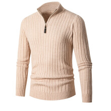 (Apricot, 3XL) Høst-vinter langermet herregenser med vertikale striper og halv glidelås
