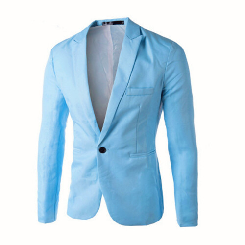 (Sky Blue, XL) Solid Color Slim Fit Single-Breasted Suit Jacket for Young Men